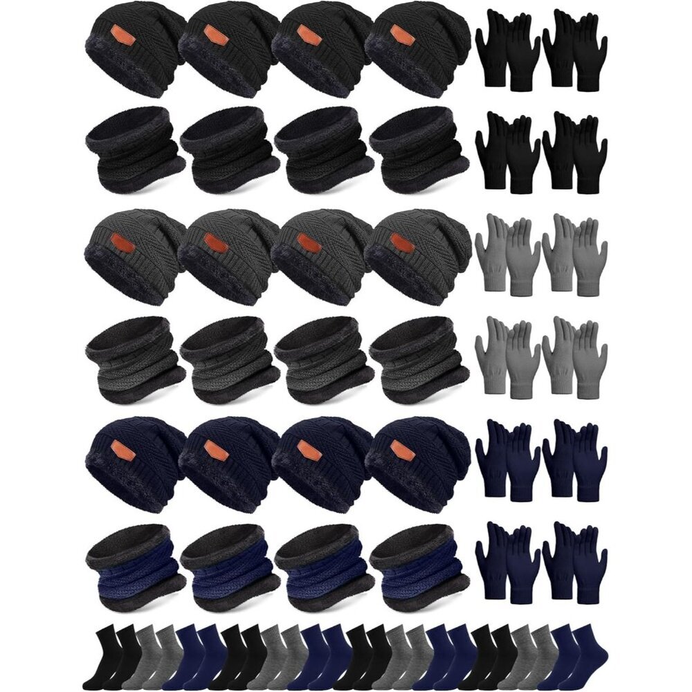 Winter Hat Scarf Gloves Socks Set Fleece Lined Women Men Outdoor Holiday